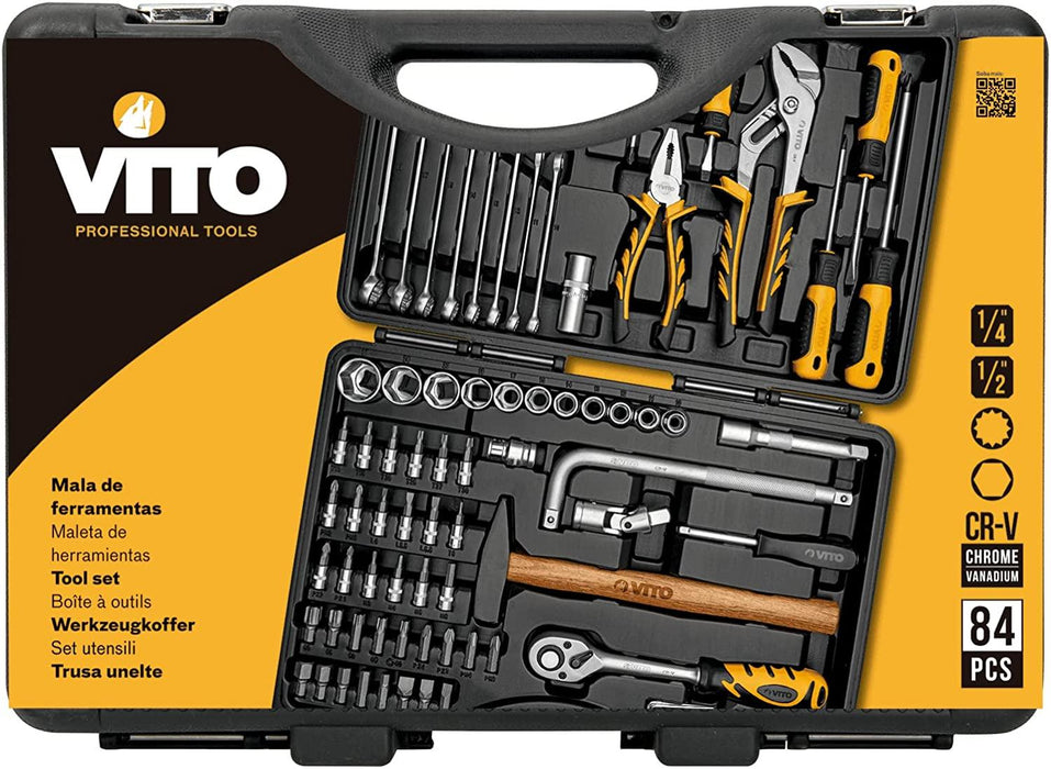 VITO Universal Werkzeugkoffer 84-teilig Werkzeug-Set Montage für den Profi, Monteur und Heimwerker, für den Profi, Monteur und Heimwerker - Werkzeugkasten,Werkzeugkiste,Werkzeugbox - Tools.de TP Profishop GmbH