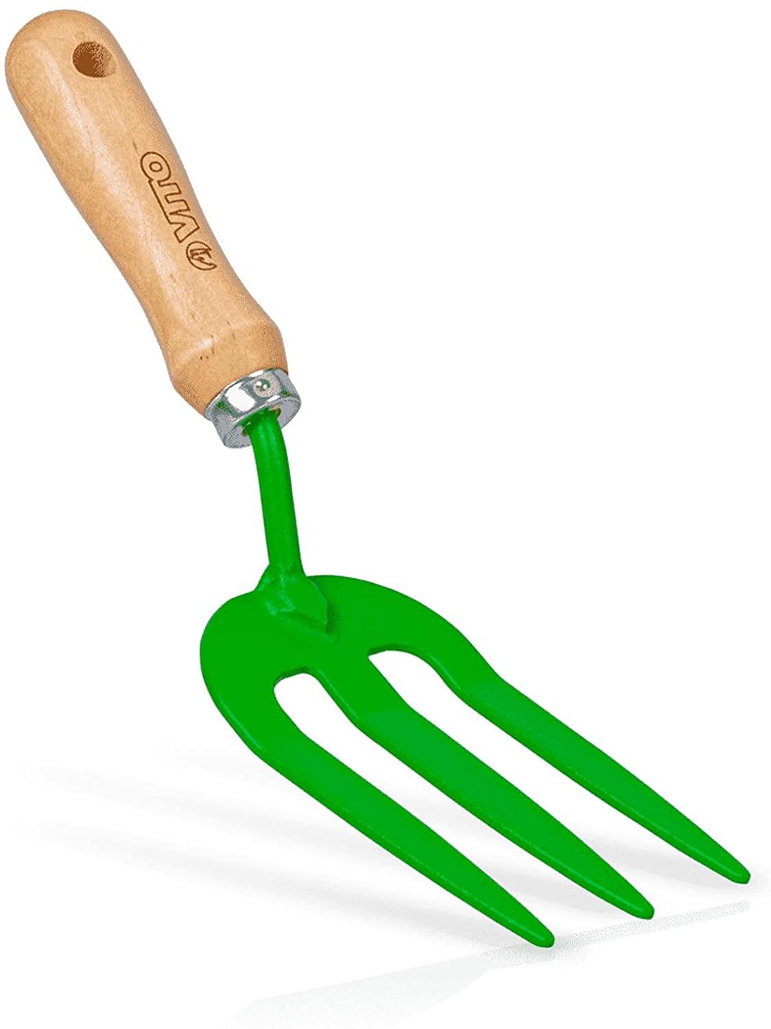 VITO Vintage Blumengabel aus Stahl für die Gartenpflege, Gartengabel mit kurzem Buchenholz-Stiel - Vintage Handgabel mit 3 Zinken und Holzgriff VIA3DMS - Handmade in Portugal - Tools.de TP Profishop GmbH